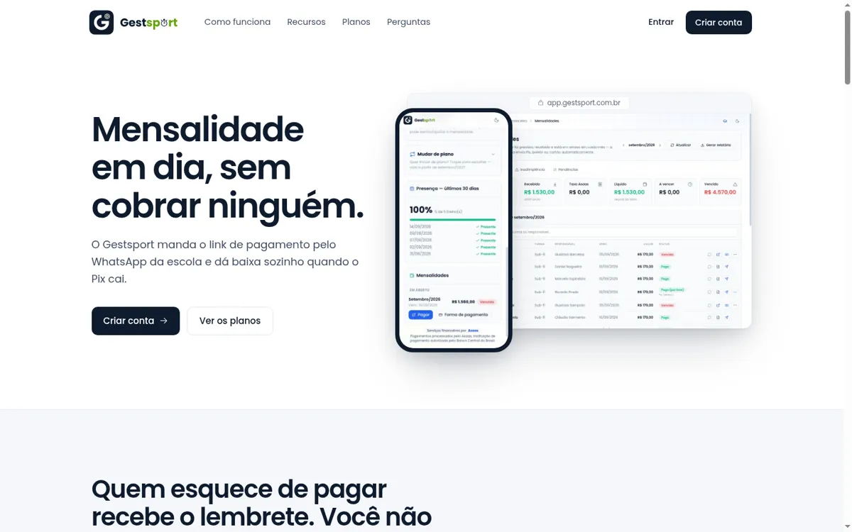 Site do Gestsport, sistema de gestão de escolinhas esportivas