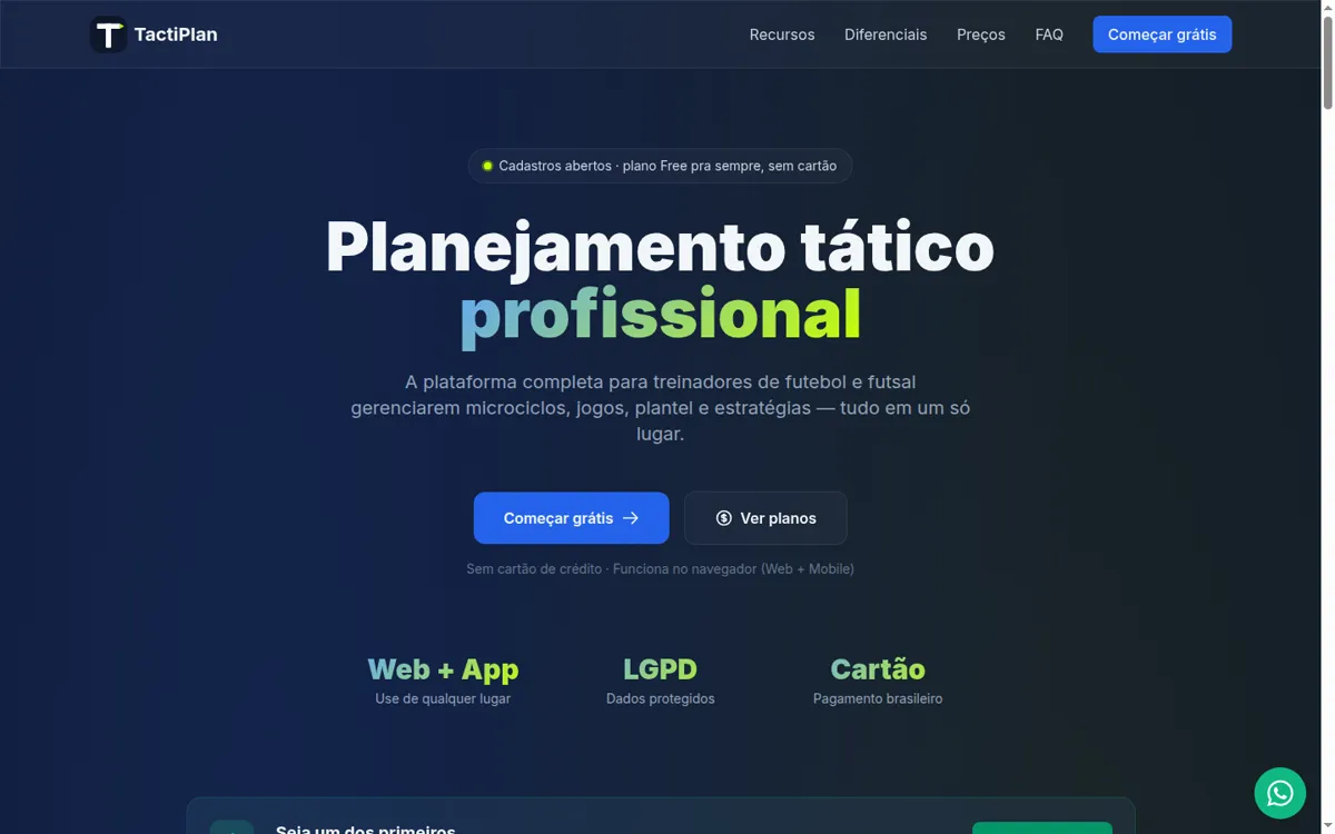 Site do TactiPlan, plataforma de planejamento para treinadores