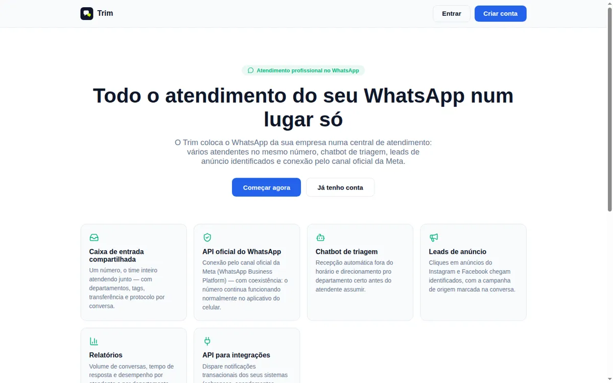 Site do Trim, central de atendimento no WhatsApp